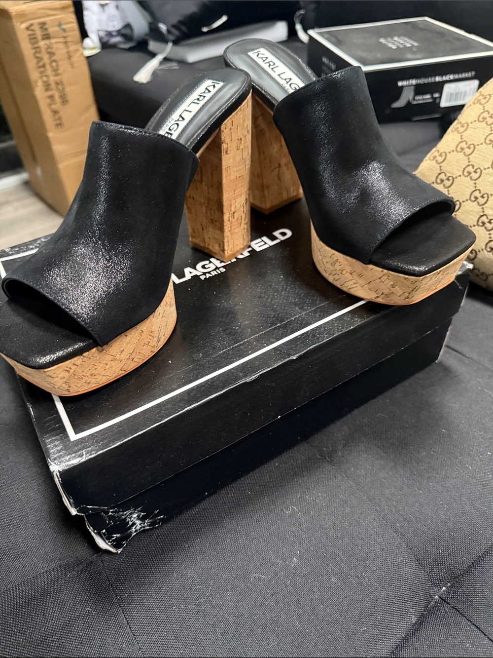 Karl Lagerfeld Black Open-Toe Cork Platform Mules